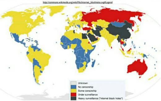 تصویری از نقشه جهان براساس فیلترینگ؛.. آبی: بدون فیلترینگ اینترنت. زرد: کمی فیلترینگ